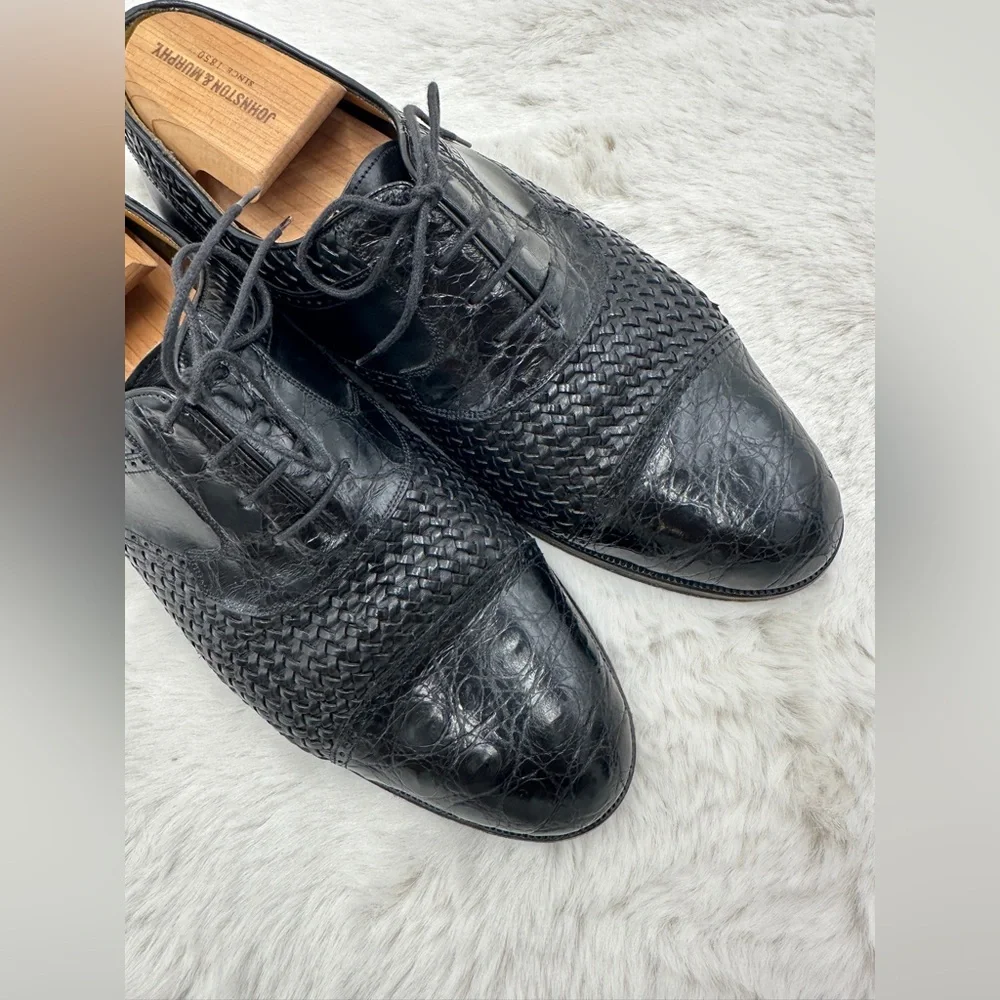 Mezlan Black Acapulco‎ Genuine Crocodile Cap Toe Woven Leather Oxford shoes 10.5